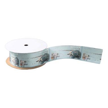 Elegant wood BLue Seashells Beach Wedding favor Satin Ribbon