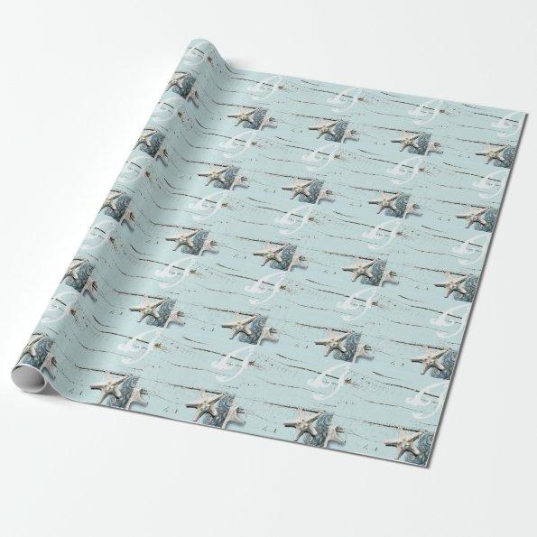 Elegant wood BLue Seashells Beach Wedding favor Wrapping Paper