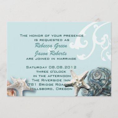 Elegant wood BLue Seashells Beach Wedding Invitations