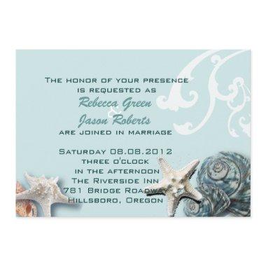 Elegant wood BLue Seashells Beach Wedding Invitations