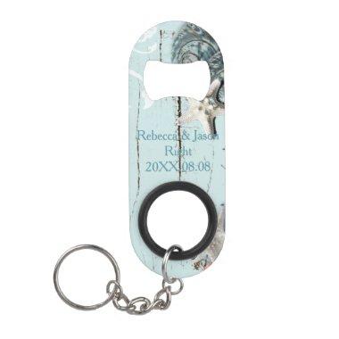 Elegant wood BLue Seashells Beach Wedding Keychain Bottle Opener