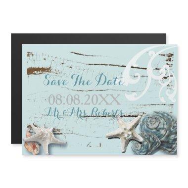 Elegant wood BLue Seashells Beach Wedding Magnetic