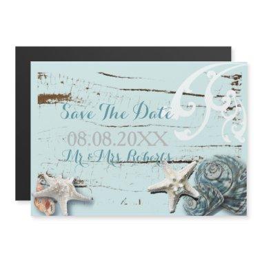 Elegant wood BLue Seashells Beach Wedding Magnetic Invitations