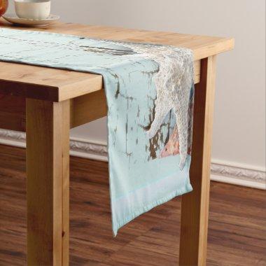 Elegant wood BLue Seashells Beach Wedding Short Table Runner