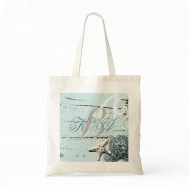 Elegant wood BLue Seashells Beach Wedding Tote Bag