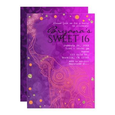 Elephant Purple Pink Orange & Gold Invitations