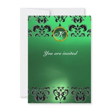 EMERALD DAMASK GEM STONE MONOGRAM green black Invitations