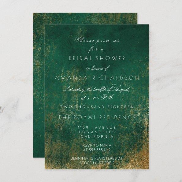 Emerald Deep Green Distressed Grungy Gold Bridal Invitations