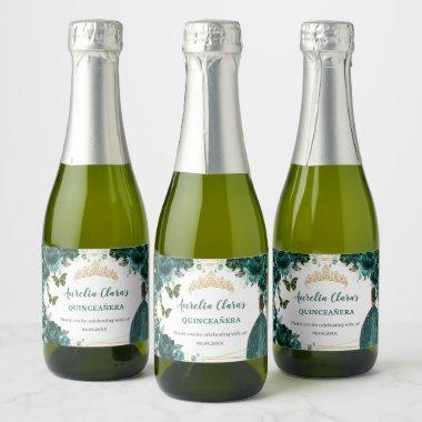 Emerald Floral Princess Quinceañera Birthday Favor Sparkling Wine Label