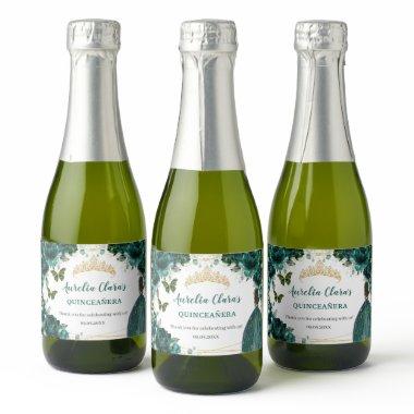 Emerald Floral Princess Quinceañera Birthday Favor Sparkling Wine Label