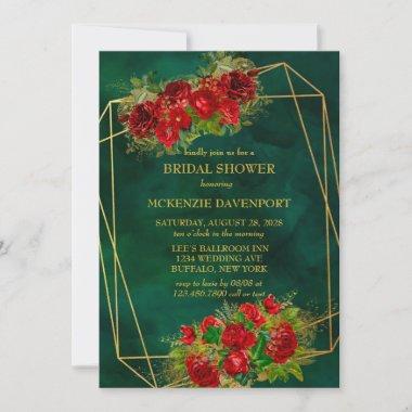 Emerald Gold Geometric Red Rose Bridal Shower Invitations