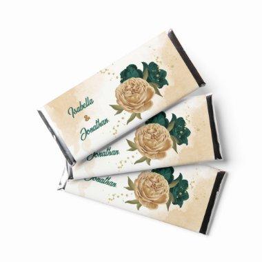 emerald green and beige gold flowers hershey bar favors