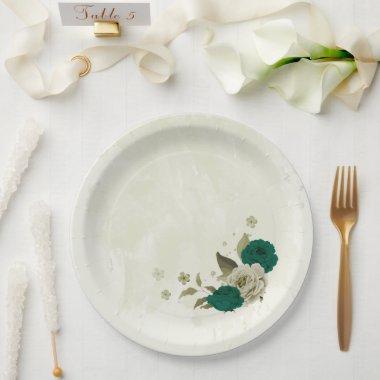 emerald green beige flowers wedding paper plates