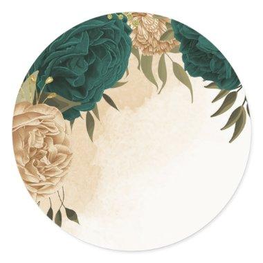 Emerald green beige gold botanical wedding classic round sticker