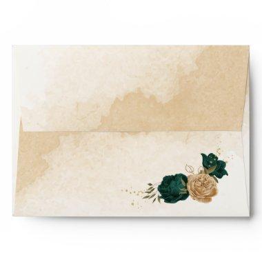 Emerald green beige gold botanical wedding envelope