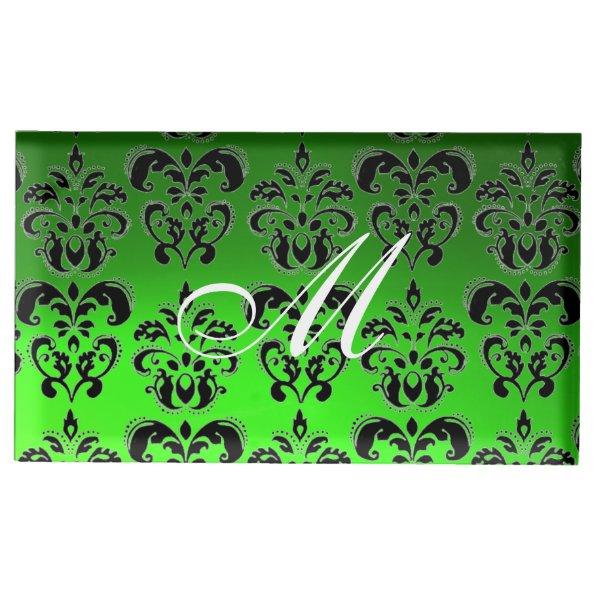 EMERALD GREEN BLACK,WHITE CLASSY DAMASK MONOGRAM PLACE  HOLDER