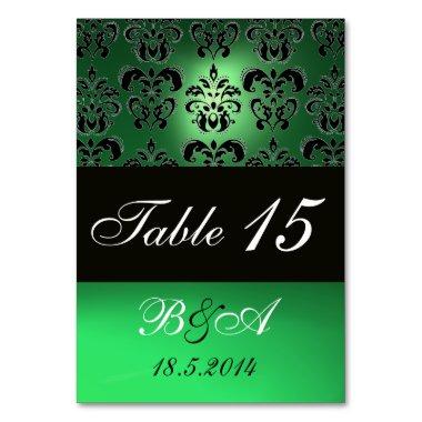 EMERALD GREEN BLACK WHITE CLASSY DAMASK MONOGRAM TABLE NUMBER