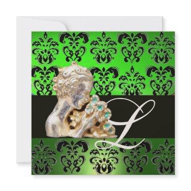 EMERALD GREEN ,BLACK, WHITE DAMASK JEWEL MONOGRAM Invitations