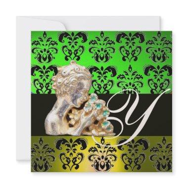 EMERALD GREEN ,BLACK, WHITE DAMASK JEWEL MONOGRAM Invitations