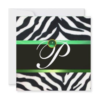 EMERALD GREEN BLACK WHITE ZEBRA FUR MONOGRAM Invitations