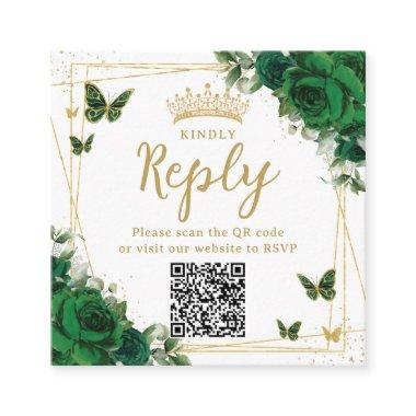 Emerald Green Butterflies Quinceanera RSVP QR Code Enclosure