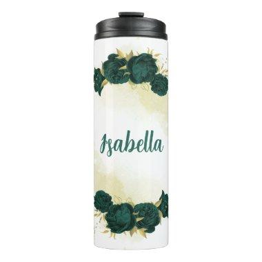 emerald green floral gold thermal tumbler