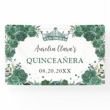 Emerald Green Floral Welcome Quinceañera Backdrop Banner