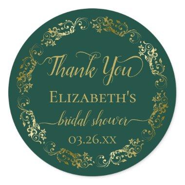 Emerald Green & Gold Bridal Shower Thank You Small Classic Round Sticker