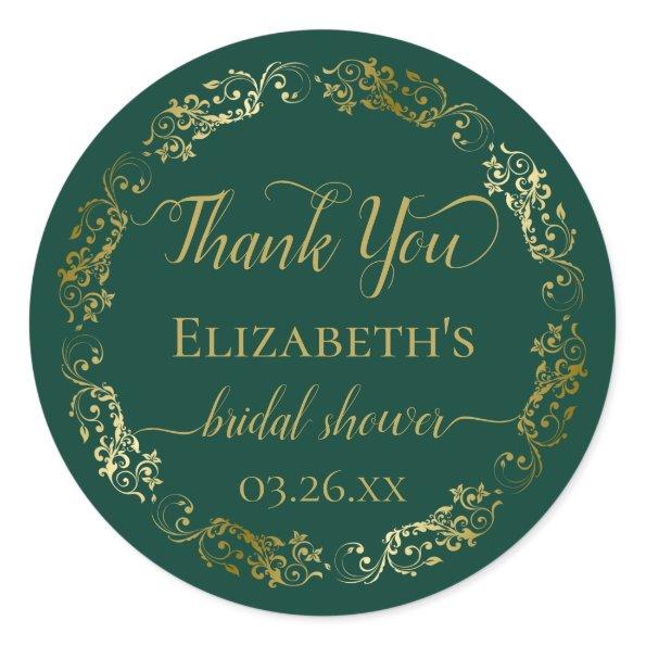 Emerald Green & Gold Bridal Shower Thank You Small Classic Round Sticker