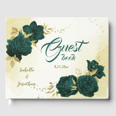 Emerald green gold floral guest book