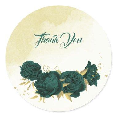 Emerald green gold floral wedding classic round sticker