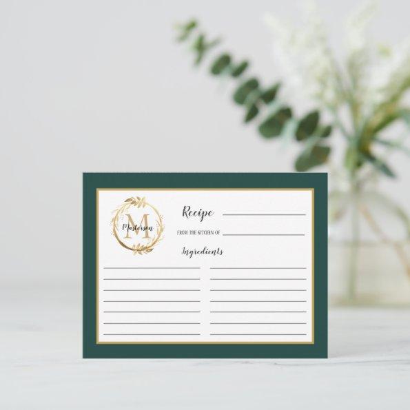 Emerald Green Gold Foliage Monogram Recipe Invitations