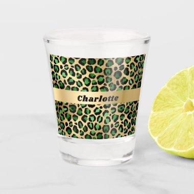 Emerald green gold leopard cheetah pattern name shot glass