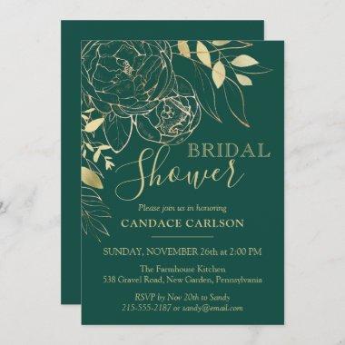 Emerald Green & Gold Modern Floral Bridal Shower Invitations
