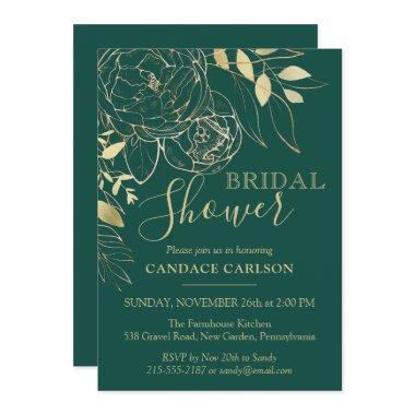 Emerald Green & Gold Modern Floral Bridal Shower Invitations