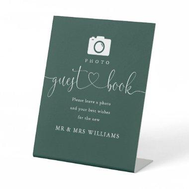 Emerald Green Heart Script Photo Guest Book Pedestal Sign