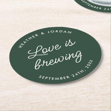 Emerald Green Love Is Brewing Wedding Reception Round Paper Coaster