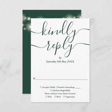Emerald Green Script String Lights Wedding RSVP Card