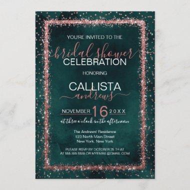 Emerald Rose Gold Confetti Bridal Shower Invitations