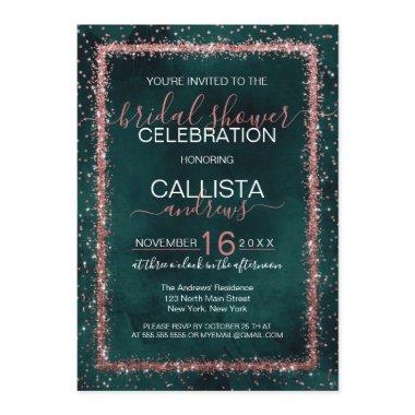 Emerald Rose Gold Confetti Bridal Shower Invitations