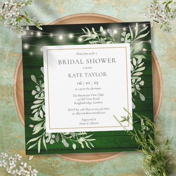 Emerald Wood String Lights Greenery Bridal Shower Invitations