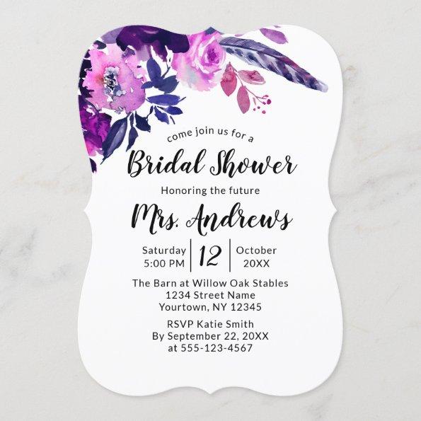 Enchanted Floral Purple Watercolor Bridal Shower Invitations