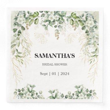 Enchanted Foliage Gold & Green Bridal Shower Paper Dinner Napkins