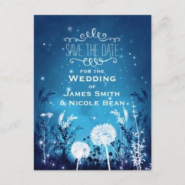 Enchanted Night Sky Stars & Foliage Blue Save Date Announcement PostInvitations