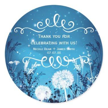 Enchanted Night Sky Stars & Foliage Blue Wedding Classic Round Sticker