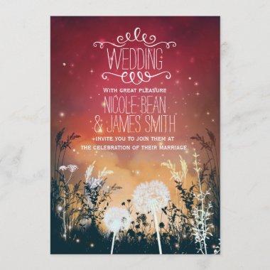 Enchanted Red Night Sky Stars & Foliage Wedding Invitations