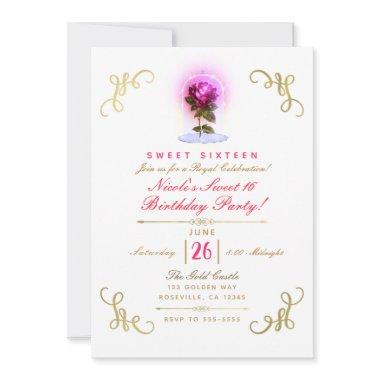 Enchanted Red Rose Floral Gold Sweet 16 Party Invitations