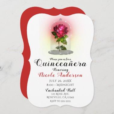 Enchanted Red Rose Sparkly Quinceañera Party Invitations