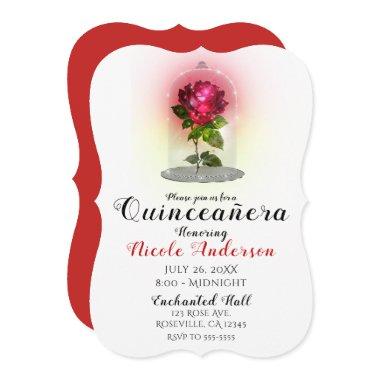 Enchanted Red Rose Sparkly Quinceañera Party Invitations