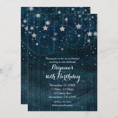 Enchanted Starry Night Silver & Blue Party Invitations
